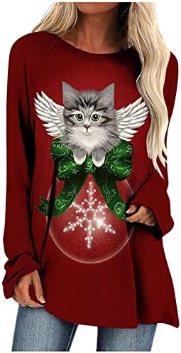 Karácsonyi Maximum Tunika Blúz, Női Aranyos Macska Printed Hosszú Ujjú Legénység Nyak Laza Póló Hosszú Karácsonyi Pulóver Póló