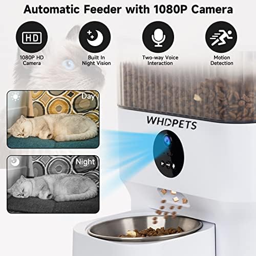 Automatikus Macska Adagolók Kamera, WHDPETS 5L WiFi Smart Pet Adagoló Száraz Élelmiszer, Auto kutyaeledel Adagoló, 2-utas