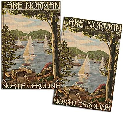 Lake Norman, Észak-Karolina, Kilátással a Tóra a Vitorlások Nyír Fa Fali Tábla (6x9 Rusztikus lakberendezés, Kész Lógni Art)