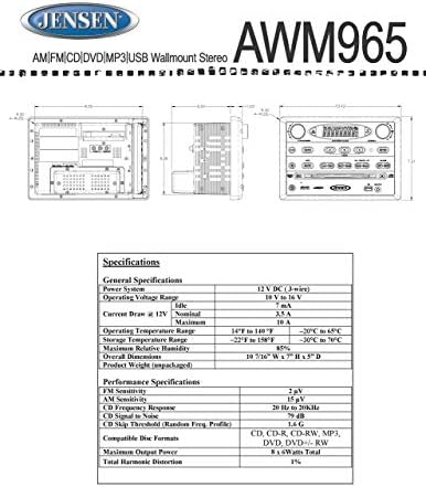 Jensen AWM965 AM/FM|CD|DVD|MP3/USB Wallmount Hifi, DVD Lejátszó, Előlapi USB Támogatja az MP3, WMA, JPEG Formátumban, Távirányító