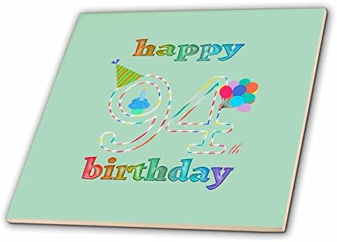 3dRose Boldog 94 Születésnapot, Süti a Gyertyát, Lufi, Kalap, Színes - Csempe (ct_352210_1)