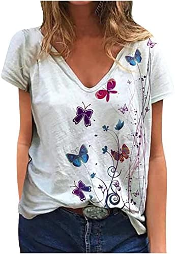 2023 Nyári Felsők Női Aranyos Pillangó Nyomtatás Póló V Nyakú Póló, Elegáns Alkalmi Tshirt Retro Laza Tunika Blúz