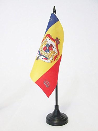 AZ ZÁSZLÓ Royal Standard Románia 1881-1946 Táblázat Zászló 5 x 5 - román Királyság Asztal Zászló 15 x 15 cm - es, Fekete Műanyag pálca,