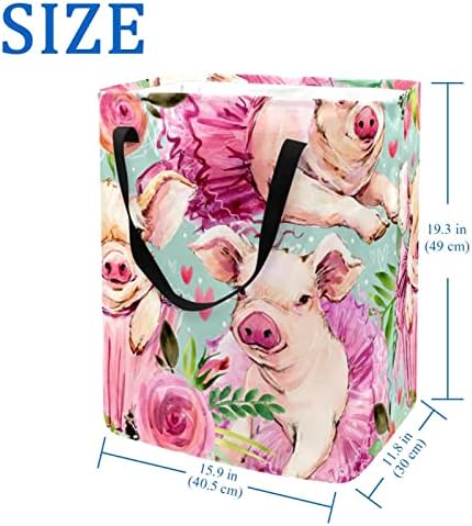 Akvarell Aranyos Rózsaszín Malac Floral Print Print Összecsukható Szennyesben, 60L Vízálló Szennyes Kosarat Mosás Bin Ruhák, Játékok