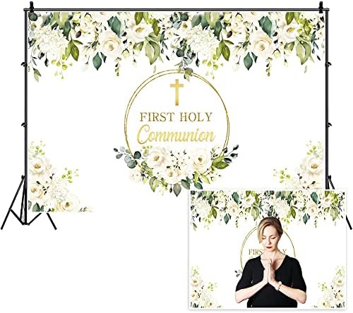 Yeele 7x5ft Első szentáldozás Virágos Hátteret, Zöld Levelek, Fehér Virágos Arany Kereszt Keresztelő Fél Isten Áldja Fotózás Hátteret Baba