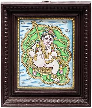 Egzotikus India 11 x 13 Vatapatra-Shayi Krishna Tanjore Festmény | Hagyományos Színek, 24 karátos Arany | Tíkfa Fra