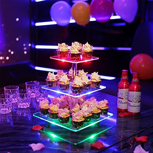 TANGSHUO 3 Szintek Szögletes Akril Cupcake Áll Újratölthető LED-Fény, Tiszta emeletes torta - Desszert-Torony - Cupcake