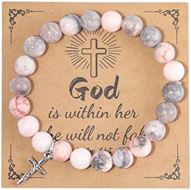 Keresztény Ajándékok a Nők, a Férfiak, a Gyógyulás Természetes Kő Kereszt Gyöngyök Szakaszon Karkötő Vallásos Katolikus Ajándék Pink