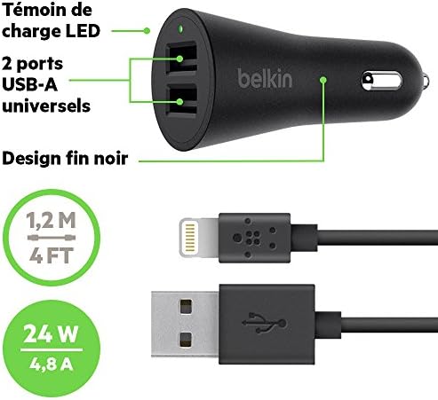 Belkin 2-Port 4.8-Erősítő USB Autós Töltő 4' Lightning Kábel (2.4 Amp per Port)