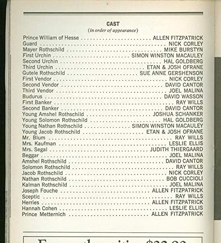 A Rothschildok, Off-Broadway színlapot + Mike Burstyn, Alan Fitzpatrick, David Cantor, Nick Corley, Leslie Ellis, Sue Anne Gershenson,