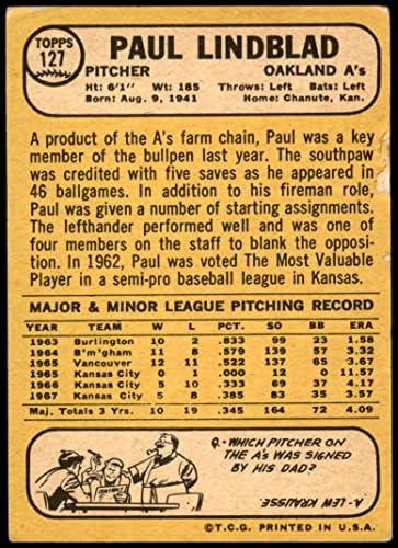 1968 Topps 127 MB Paul Lindblad Oakland Athletics (Baseball Kártya) (Milton Bradley/Már Sárga Vissza) JÓ Atlétika