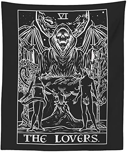 A Szerelmesek Tarot Kártya Gobelin (Fekete-Fehér) - Kaszás - Gótikus Pár Halloween lakberendezés Falra (80 x 68)