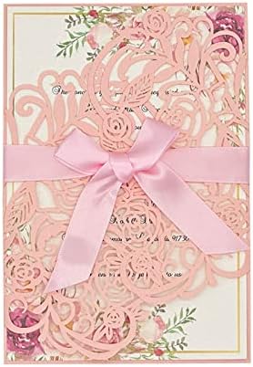 Auiocny 20db Romantikus Rózsaszín Rózsa Lézerrel Vágott Esküvői Meghívók, Kártyák Zsebbel 5 x 7.28, az Üres Belső Lap, Borítékok,