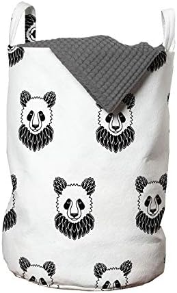Ambesonne Tetoválás Szennyesét, Panda Medve Portrék Kabalák Minta Fekete-Fehér, Szennyestartó Kosár fogantyúval vákuumzáras