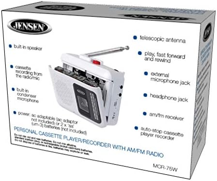 Jensen MCR-75 Személyes Hordozható AM/FM Rádiós Kazetta Lejátszó/Felvevő Kompakt, Könnyű Kialakítás & Beépített Hangszóró - Fehér