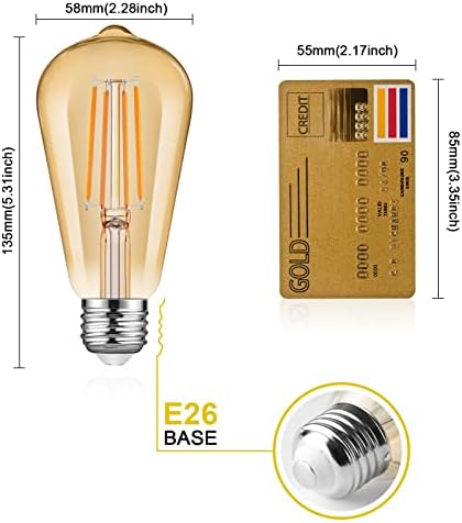 Ascher Szabályozható Vintage Edison LED Izzó 6W, Egyenértékű 60W, Amber Meleg 2300K, 700 Lumen, 80+ CRI, Antik Stílusú ST58 LED