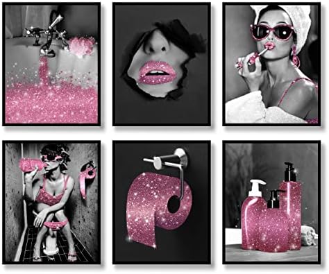 Divat Wall Art Fürdőszoba Decor Nyomatok Készlet 6 Rózsaszín, Fekete, Fehér, Glam Csillogó Szövet, Vászon, Poszterek, Képek,