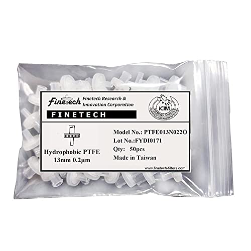 Hidrofil PTFE Fecskendő Szűrők 13mm Átmérőjű 0.22 µm pórusméret Laboratóriumi Szűrés által Finetech (Csomag 50) Made in Tajvan