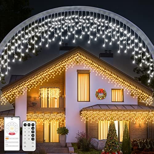 Zcyge Jégcsap Led Karácsonyi Fények Kültéri Alkalmazás Távoli Ház, 66ft 640 LED 2 az 1-ben Meleg Fehér Kék Szín Változó Jégcsap