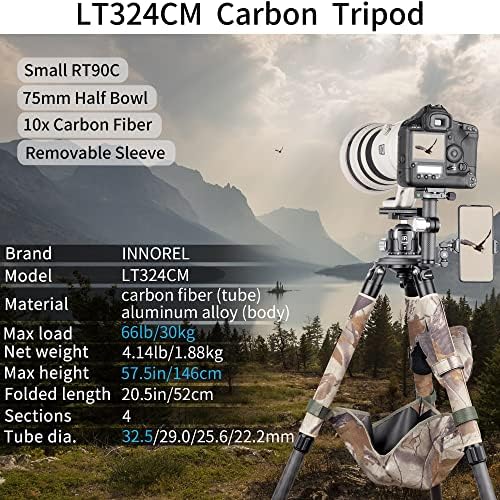 Hordozható Szénszálas Állvány-INNOREL LT324CM Professzionális, nagy teherbírású Állvány Állvány Kamera,Madár Fotózás,DSLR,Max Terhelés 66pounds/30kg