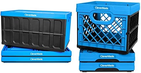 CleverMade - 8034119-21843PK 62L Összecsukható Tárolók, 3 darabos, Neptun Blue & Tej Láda, 25L Rakható Műanyag Tároló Tartályok CleverCrates
