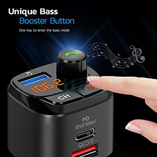 Nulaxy Bluetooth 5.0 FM Transmitter Autóba, QC3.0 & USB-C PD 18W Vezeték nélküli Bluetooth Adapter zenelejátszó/Autós Készlet Bass