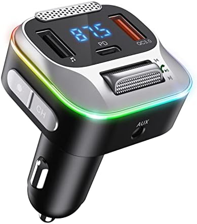 Ankilo V5.0 Bluetooth FM Transmitter Autóba, Vezeték nélküli Rádió Adapter Autóskészlet, QC3.0 gyorstöltés & 7 RGB Színes LED