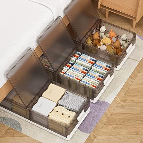 XIYAO 2 Csomag ágy tároló konténerek kerekekkel,60Qt Rakható műanyag Összecsukható tárolók Dual-Csuklós Fedél Hálószoba Ruhát, Cipőt Takaró(6.9