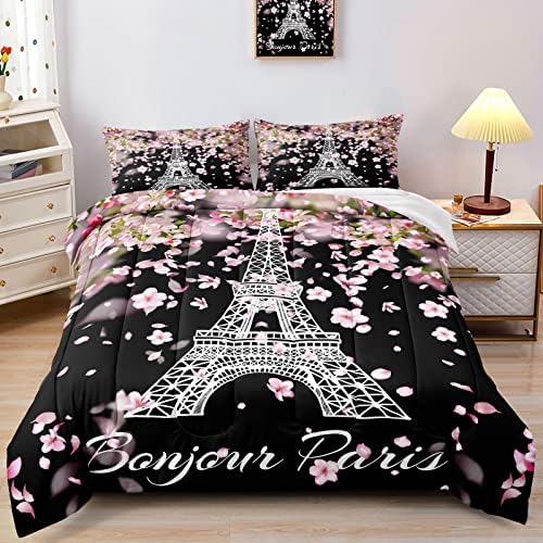 BDUCOK Eiffel-Torony Vigasztaló Meghatározott King Size cseresznyevirág Ágynemű Szett Lányoknak Franciaország Párizs Romantikus Téma