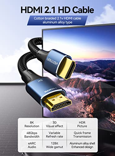 VENTION 8K HDMI Kábel 2.1 5FT 48Gbps, Ultra High Speed Fonott HDMI Kábel 4K@120Hz 8K@60Hz eARC HDR 10 HDCP 2.2&2.3 Kompatibilis Monitor