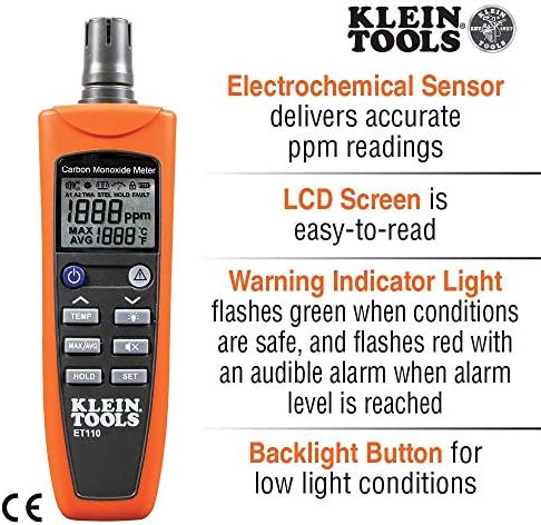 Extech LT300 fénymérő & Klein Eszközök ET110 CO-Mérő, Szén-Monoxid-Teszter, valamint Érzékelő Expozíciós Határérték Riasztás, 4 x AAA Elem