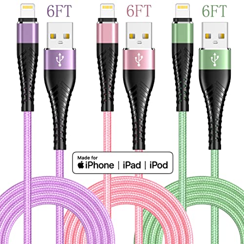 6FT 3Packs Prémium USB Töltő Kábel, 3Colored iPhone Lightning Kábel Apple Mpi Tanúsított, iPhone Töltő, iPhone 13/12/11/SE/Xs/XS
