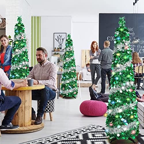 Karácsonyfa 50 Színes Fények, 5 FT Összecsukható Mesterséges Sequin felugró karácsonyfa, Magas, Vékony Ceruza Csillogó karácsonyfa állvánnyal