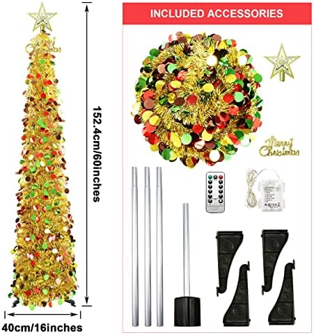 5 ft felugró karácsonyfa, Arany karácsonyfa Összecsukható 8 Villogó Mód 50 LED, Csillogó karácsonyfa az Ünnep, a Karácsony