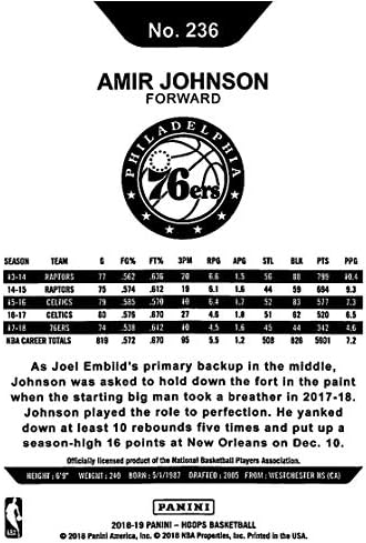 2018-19 NBA Karika 236 Amir Johnson Philadelphia 76ers Hivatalos Kereskedési Kártya által Panini