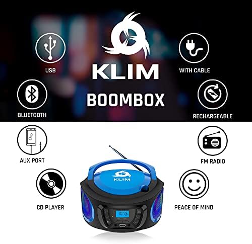 KLIM Boombox Hordozható Audio-Rendszer - Új 2023 - FM Rádió, CD-Lejátszó, Bluetooth, MP3-USB-AUX - magában Foglalja az Újratölthető Akkumulátorok