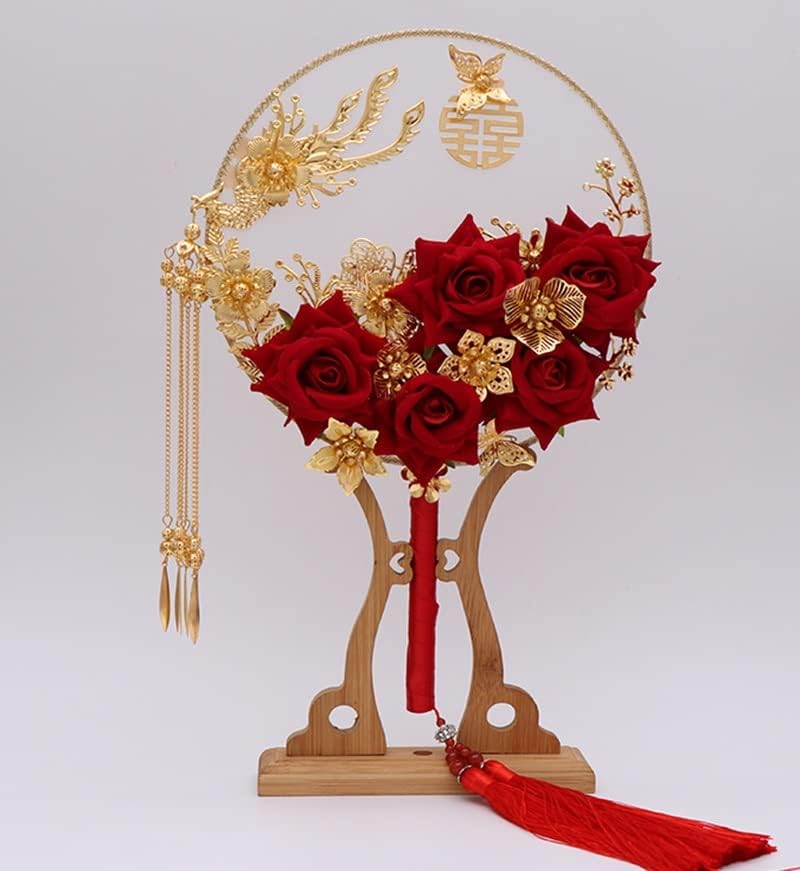 YCFBH Kínai Menyasszony Kezében Virágot Rajongó Klasszikus Rajongó Menyasszonyi Csokrok Arany Főnix Roses a Menyasszony Kezét, Tartozékok