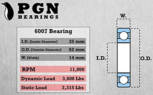 PGN (2 Csomag) 6007-2RS Csapágy - Kent Chrome Acélból Zárt golyóscsapágy - 35x62x14mm Csapágyak Gumi Tömítés & Magas RPM Támogatás