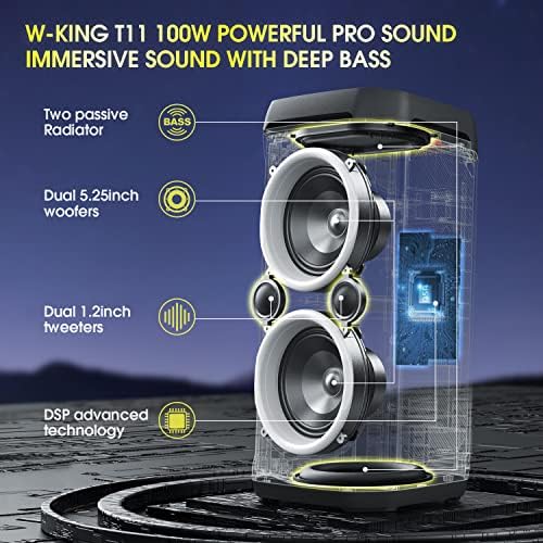 W-KIRÁLY 100W Bluetooth Hangszóró V5.3, IPX6 Vízálló, Hordozható Hangszóró Mély Basszus/110dB Hatalmas Hang/DSP, Karaoke Szabadtéri Boombox
