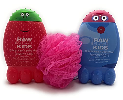 Gyerekek Bath & Body Wash Csomag által Nyers Cukor (1) Epres Vanília, (1) Super Berry Cseresznye 12 oz Minden (Csomag 2) + Szivacs