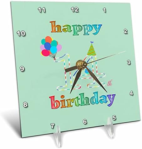 3dRose Boldog 14 Születésnapot, Süti a Gyertyát, Lufi, Kalap. - Desk Órák (dc_350726_1)