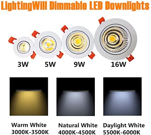 LightingWill 3.35 hüvelykes LED Szabályozható Beépíthető, 9W COB Süllyesztett Mennyezeti Fény, Napfény, Fehér 5500K-6000K, CRI80, 80W 400LM