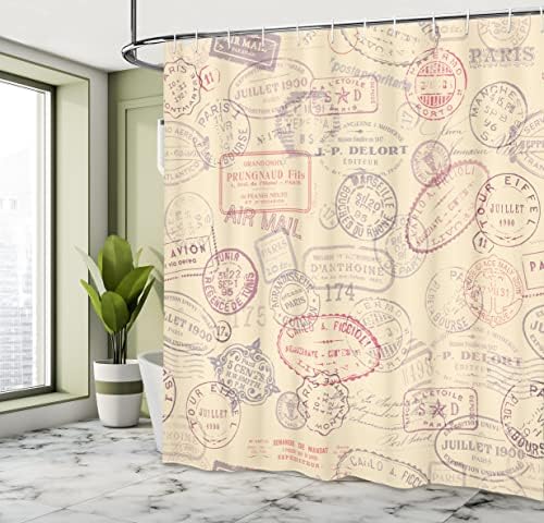 Ambesonne Vintage Zuhanyzó Függöny, Retro Design Ihletett Postai Illusztráció Bézs Háttér Antik Bélyeg, Szövet Szövet Fürdőszoba