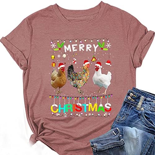 A nők a Karácsony Rövid Ujjú Póló, Boldog Karácsonyt Csirke Felsők, Télapó Sapka Blúz, Pulóver Sleeve T-Shirt
