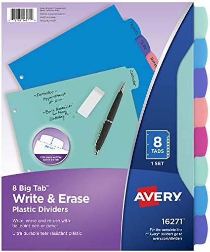 Avery 8-Fül Műanyag Binder Elválasztó, Írj & Törlés Többszínű Nagy Lapok, 1 Készlet (16171) & Tartós Műanyag 8-Tab Írni & Törlés
