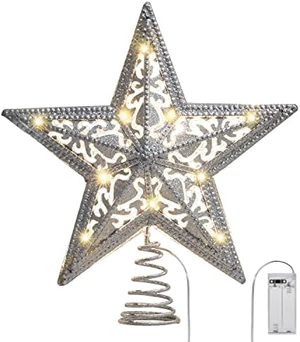 Valerij Madelyn 11.8 os Előre Világít Ezüst Fehér Karácsony csúcsdíszt, Fa Tetején Csillag, 10, Meleg LED-es Lámpák a karácsonyfa
