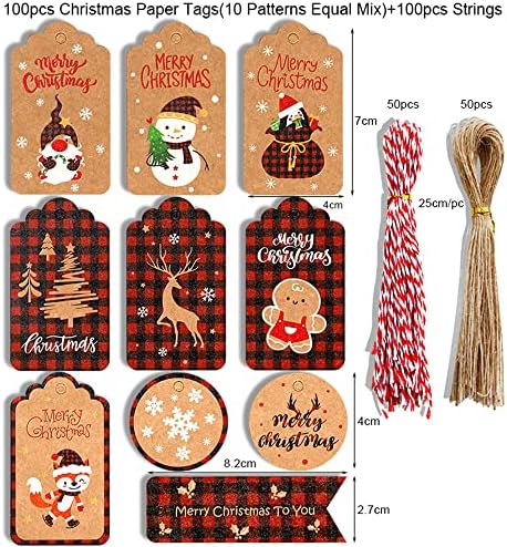 100 Db Karácsonyi Kraft Papír Címkék, 10 Különböző Stílusok Színes Karácsonyi Lóg a Címkék a Zsineg String