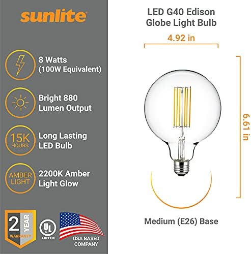 Sunlite 41074 LED G40 Edison Gömb Izzó 8 W (100W Egyenértékű), Standard E26 Bázis, 880 Lumen, Szabályozható, Dekoratív, Tiszta Üveg,
