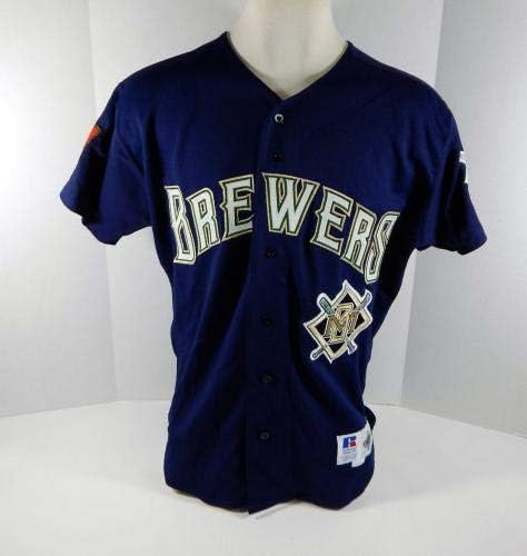 1994 Milwaukee Brewers Jeff Tabaka 42 Játékban Használt Haditengerészet Jersey 125 & 25 Patch - Játék Használt MLB Mezek