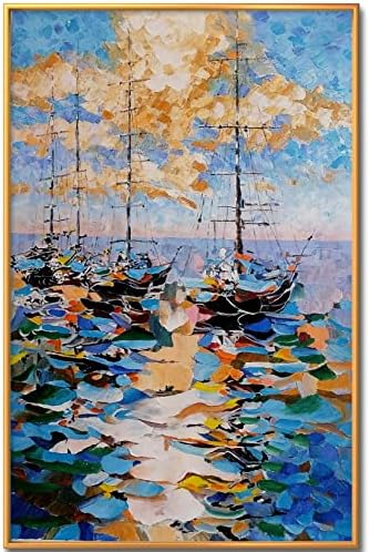 Kézzel Festett tengeri tájkép Festmény, olaj, vászon, Keretben, készletek tartalmazza(DIY kialakítása), kék, 80x100cm